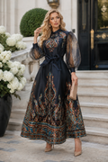 CH902 PAISLEY PRINT SHEER SLEEVE MIKADO MAXI DRESS