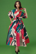 T2577 ABSTRACT PUFF SLEEVE DRESS