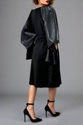 W5376 FAUX LEATHER CAPE SLEEVE DRESS (GRN, BLK)