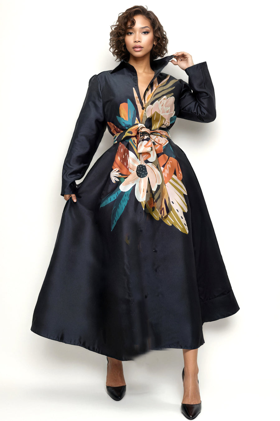 A95114 BOUQUET PRINT BUTTON-DOWN DRESS (S,M)