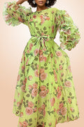X7686 FLORAL RUFFLE SLEEVE DRESS (PINK, GRN)