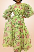 X7686 FLORAL RUFFLE SLEEVE DRESS (PINK, GRN)