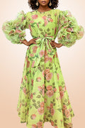 X7686 FLORAL RUFFLE SLEEVE DRESS (PINK, GRN)