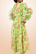 X7686 FLORAL RUFFLE SLEEVE DRESS (PINK, GRN)