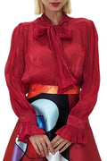 S278 RUCHED TIE NECK TOP (RED, GOLD)