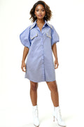 W5091 PEARL PUFF SLEEVE DRESS (BLUE, WHT)