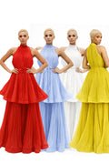 GF1623 PLEATED TIERED HALTER MAXI DRESS (RED, BLU)