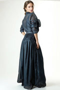 W5947 TIE NECK TOP / SKIRT SET (BLK, GRN)