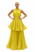 GF1623 PLEATED TIERED HALTER MAXI DRESS (RED, BLU)