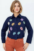 CH0078 EMBROIDERED FLOWER BUTTON DOWN TOP (XS, XXL, ONLY)