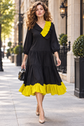 K6201 COLORBLOCK RUFFLE TIERED MIDI DRESS (BLK, BEIGE)