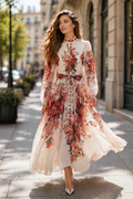 GF1768 BAND COLLAR ORGANZA BUTTTON DOWN MAXI DRESS