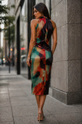 GF1668 ABSTRACT PRINT HALTERED MIDI DRESS (XL ONLY)