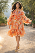X8026 WATERCOLOR PRINT ORGANZA RUFFLE SLEEVE DRESS
