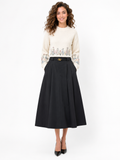 T260019 TAILORED PLEATED BELTED MIDI SKIRT (BLK, GRN)