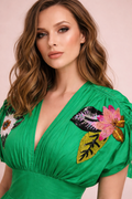 S30601 FLORAL APPLIQUÉ V-NECK MAXI DRESS