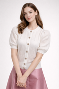 SK031 EYELET PUFF-SLEEVE CARDIGAN TOP