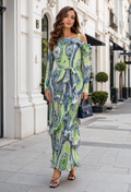 NY0084 RUFFLE DETAIL OFF SHOULDER CRINKLE MAXI DRESS