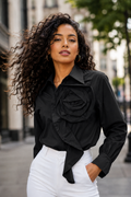 W6625 SCULPTED ROSETTE BUTTON-DOWN TOP (ROSE, BLK)