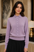 LS66011 LACE PANEL COLLARED SWEATER (BLK, PNK)