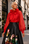 B11321 RUFFLE TIE NECKLINE ORGANZA TOP (RED, GRN, PNK)