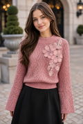 ZL402 SEQUIN FLOWER APPLIQUÉ SWEATER (PNK, GRN)