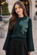 ZL402 SEQUIN FLOWER APPLIQUÉ SWEATER (PNK, GRN)