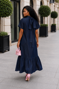 W6658 FLOWER APPLIQUÉ TIERED DENIM MAXI DRESS