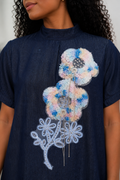 W6658 FLOWER APPLIQUÉ TIERED DENIM MAXI DRESS