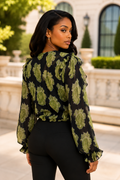 X8071 PAISLEY VNECK RUFFLE TOP (BLK, WHT)