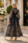 CH902 PAISLEY PRINT SHEER SLEEVE MIKADO MAXI DRESS
