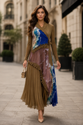 NY0045 ABSTRACT PRINT PLEATED WRAP MAXI DRESS