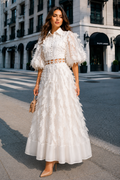 C3175 LUXE FEATHER-LEAF ORGANZA MAXI DRESS (WHT, BLK)