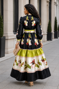 TL0019 HERITAGE FLORAL BORDER PRINT MIKADO MAXI DRESS