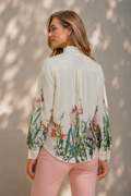 H5801 BOTANICAL PRINT TIE NECK BUTTON DOWN TOP
