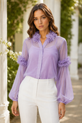 T26008 EMBLISHIED RUFFLE FLOWER TOP (BLU, GRN, PRPL)
