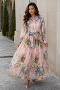 TL0008 WATERCOLOR BLOOM STUDDED ORGANZA MAXI DRESS (PNK, BLK)
