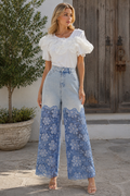 E8056-1 PEARL EMBELISHED LACE DENIM PANTS (BLU)