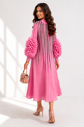 NY0062 RUFFLE SLEEVE STRIPE ART CRINKLE DRESS (PNK, YLW)