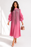 NY0062 RUFFLE SLEEVE STRIPE ART CRINKLE DRESS (PNK, YLW)