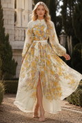 A95205 LEAFY FRINGE APPLIQUE ORGANZA MAXI DRESS