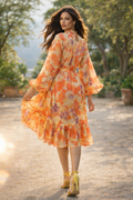 X8026 WATERCOLOR PRINT ORGANZA RUFFLE SLEEVE DRESS