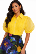 T20560 RUFFLE PUFF SLEEVE BUTTON DOWN TOP