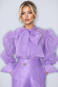 A95016 SHEER TIE NECK PUFF SLEEVE TOP (LILAC, WHT, BLK)