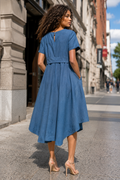 S3157 RHINESTONE FLOWER APPLIQUÉ DENIM MIDI DRESS