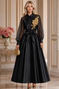 T623 FLORAL APPLIQUE SHEER SLEEVE MAXI DRESS (PNK, BLK)