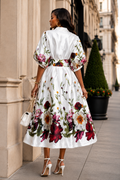 A96229 BOTANICAL PRINT PUFF SLEEVE MIKADO MAXI DRESS