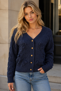 SGR598 FLORAL APPLIQUE BUTTON DOWN CARDIGAN SWEATER (PNK, NAVY)