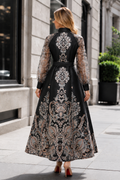 T26007 PAISLEY PRINT SHEER SLEEVE MIKADO MAXI DRESS