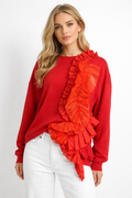 W8571 RUFFLE SWEATSHIRT TOP (RED, BLK)